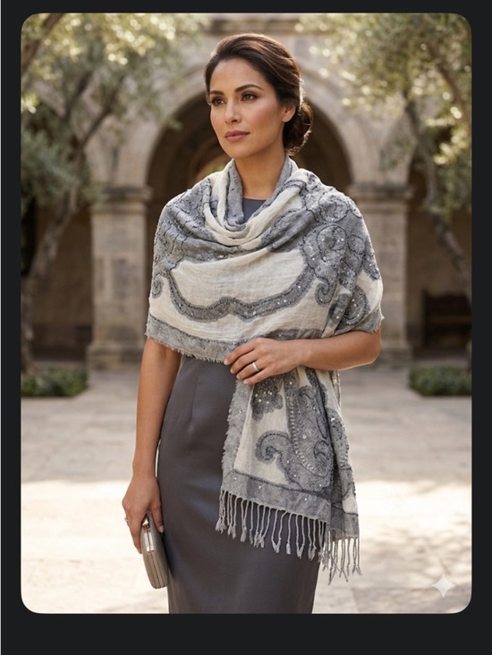 ahujasons Accessories - Ahujasons Gray & Cream Beaded Paisley Shawl Wrap